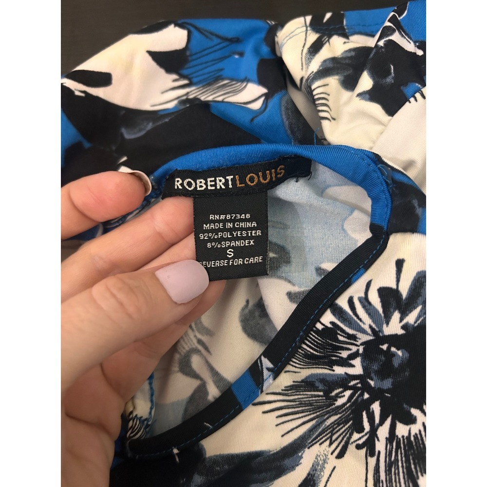 Robert Louis Blue Floral Ruffle Dress Womens Size Small Short Sleeve TieWaist - Picture 5 of 8